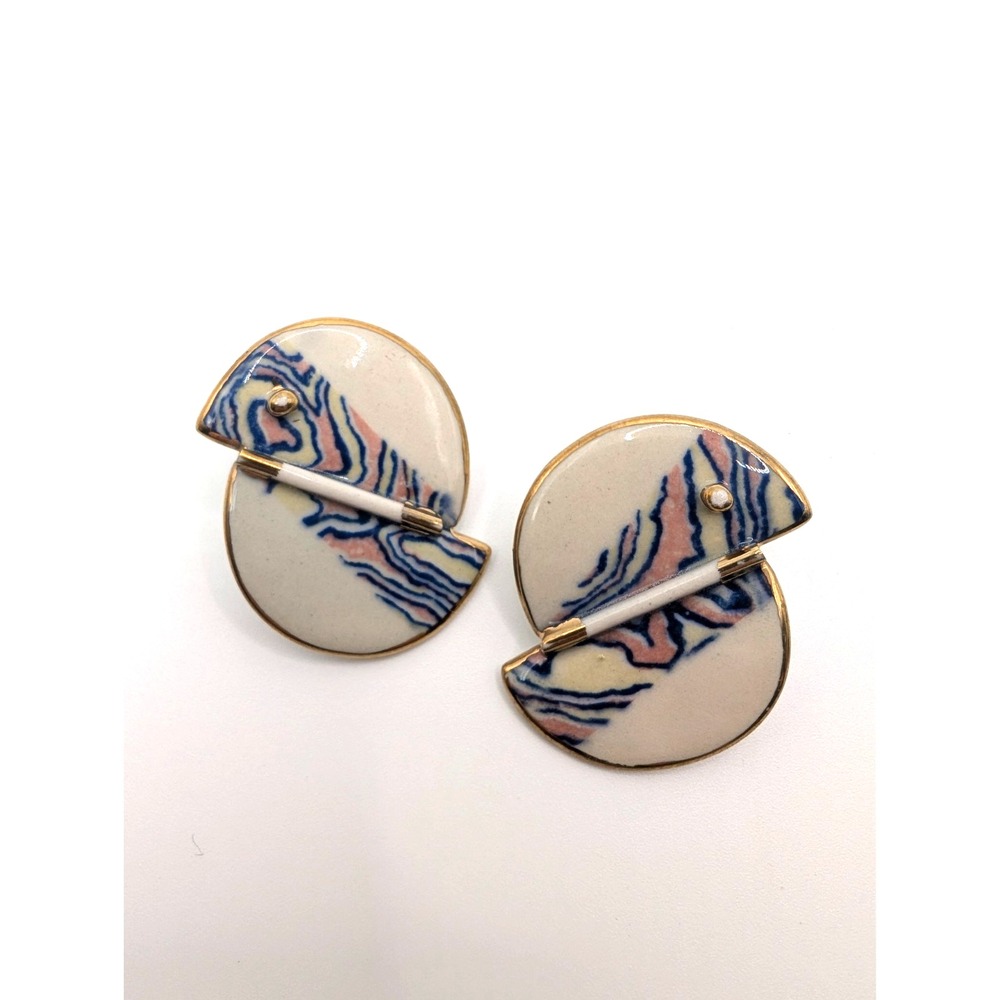 Vintage Porcelain Earrings Postmodern Blue Pink Gold Geometric 1.25"